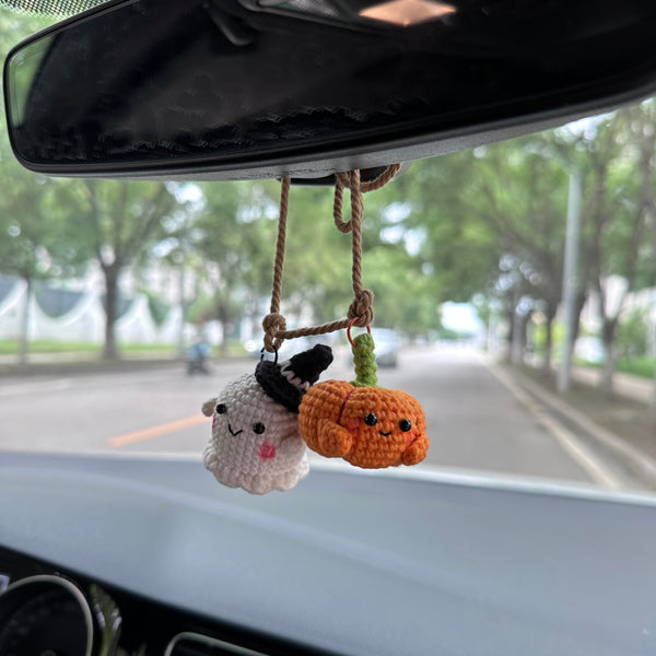 Crochet Halloween Ghost and pumpkin Car Accessories Hanging Ornament   and Pendant for Car Rear View Mirror Interior Decoration