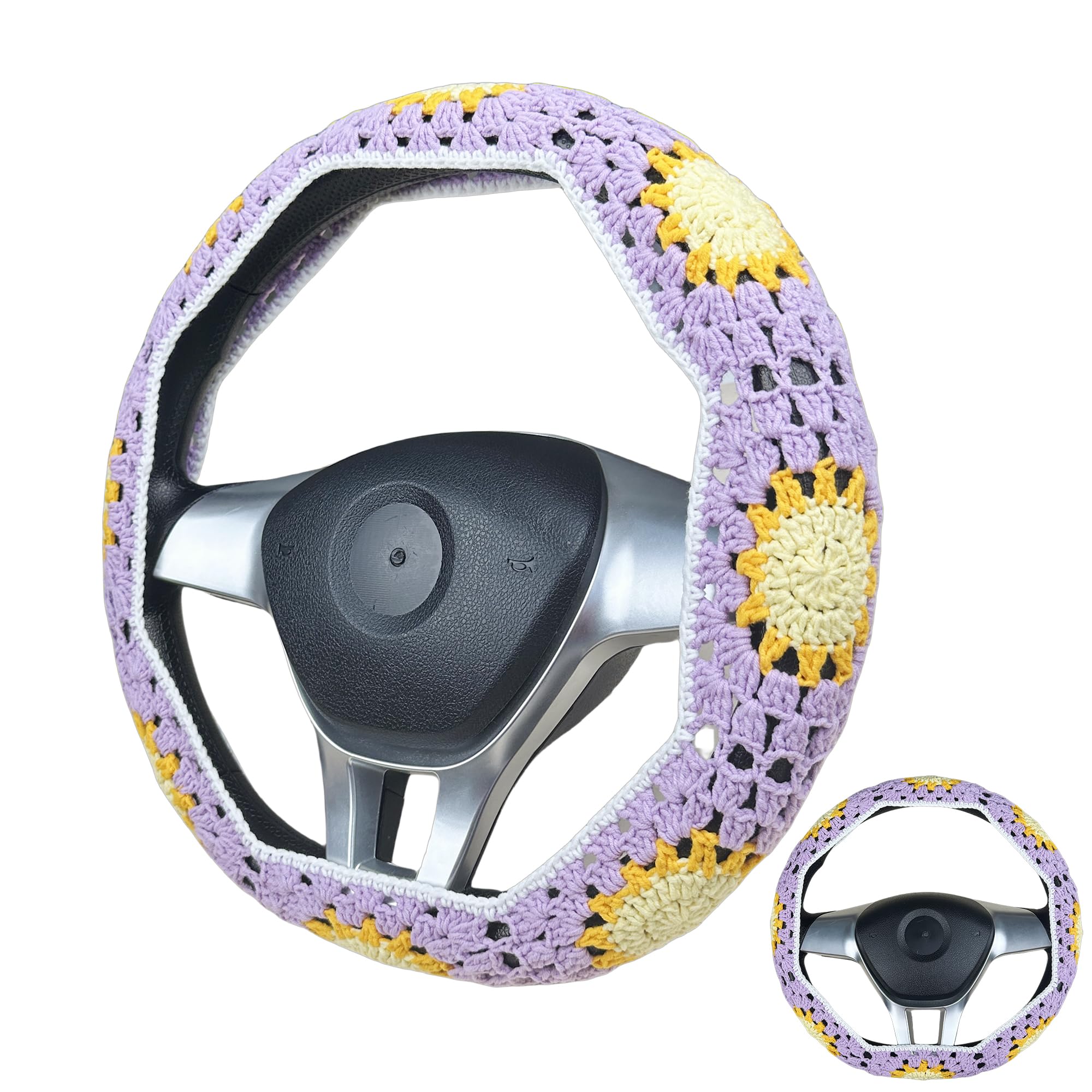 Handmade Crochet Purple Sun Steering Wheel Cover for Women Girl, Cute Flower Seat Belt Cover, Car Interior Accessories Decorations,new car gift