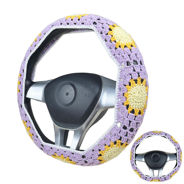 Handmade Crochet Purple Sun Steering Wheel Cover for Women Girl, Cute Flower Seat Belt Cover, Car Interior Accessories Decorations,new car gift
