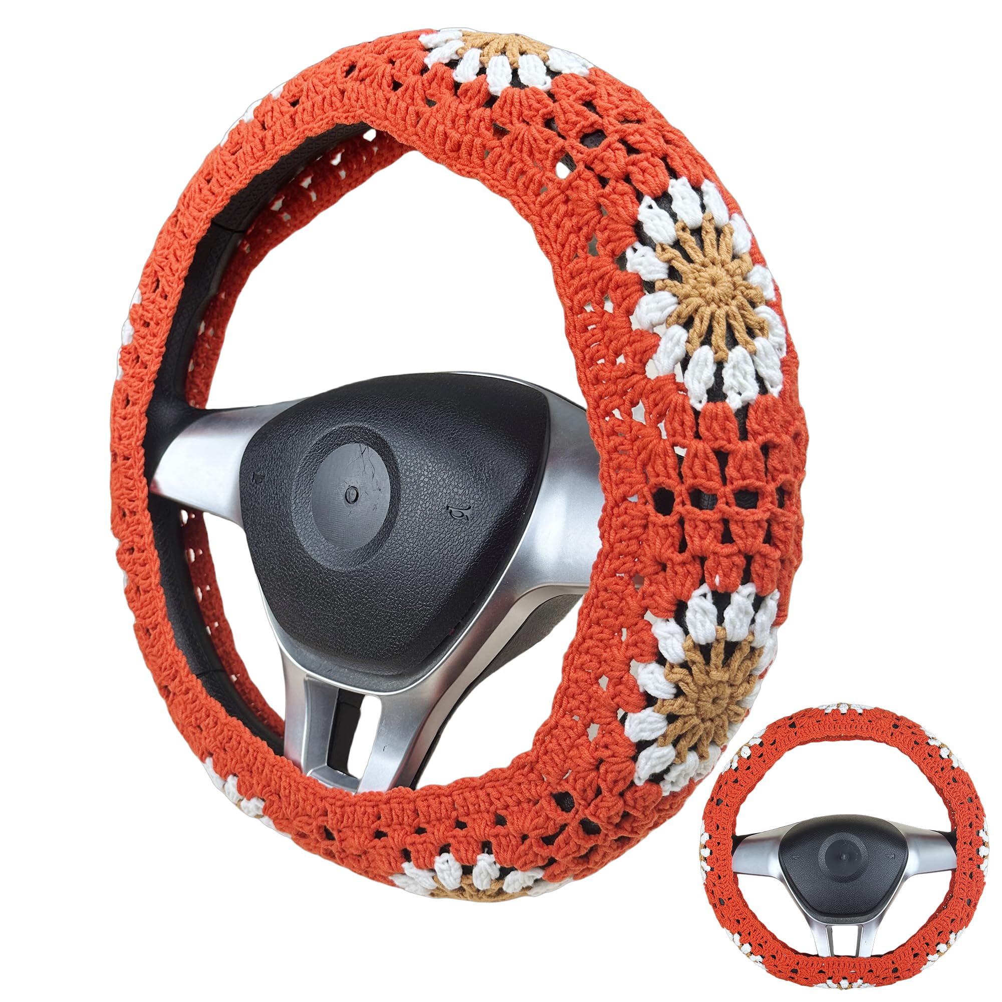Handmade Crochet red Orange flower Steering Wheel Cover for Women Girl, Cute Colorful Flower Seat Belt Cover, Car Interior Accessories Decorations.