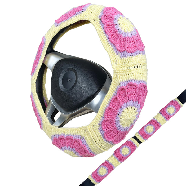 Handmade Crochet  Pink and Yellow cute flower Steering Wheel Covers Universal 14-15 inch for Women and Men,New Car Gift,Handmade Gift