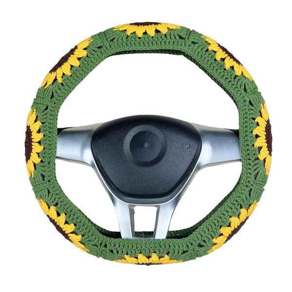 Handmade Crochet Green sunflower Steering Wheel Cover for Women Girl, Cute Flower Seat Belt Cover, Car Interior Accessories Decorations,new car gift