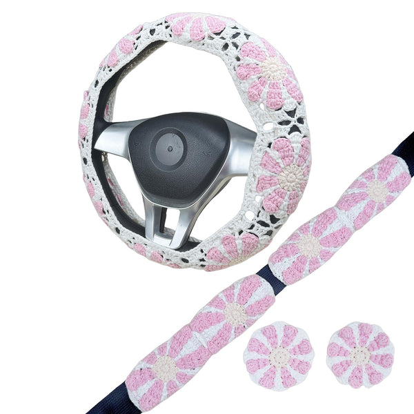 Handmade Crochet Pink daisy Steering Wheel Cover for Women Girl, Cute Colorful Flower Seat Belt Cover, Car Interior Accessories Decorations.