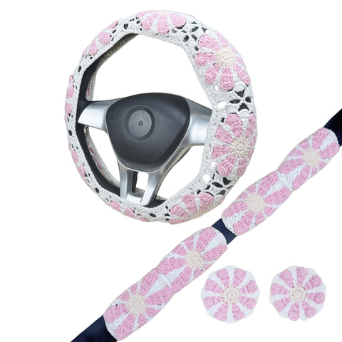 Handmade Crochet Pink daisy Steering Wheel Cover for Women Girl, Cute Colorful Flower Seat Belt Cover, Car Interior Accessories Decorations.