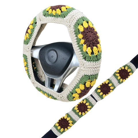 Handmade Crochet cute green Sunflower Steering Wheel Cover for Women Girl, Cute Colorful Flower Seat Belt Cover, Car Interior Accessories Decorations.