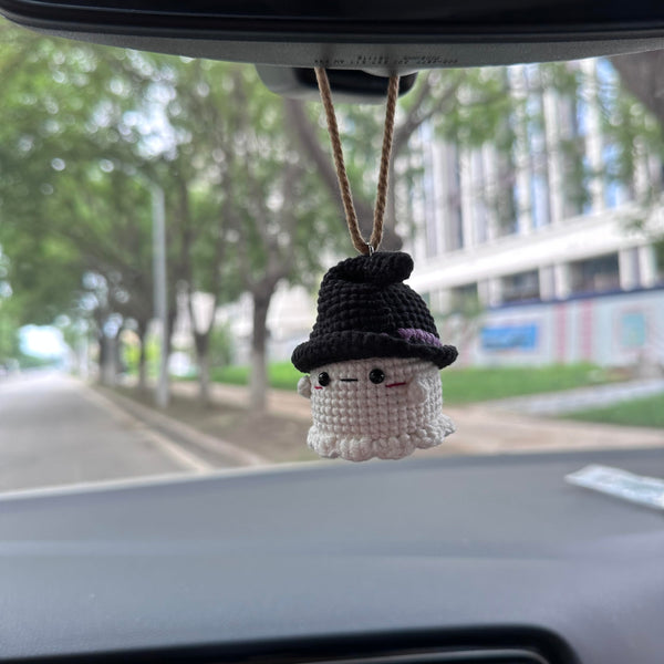Crochet Halloween Ghost with hat Car Accessories Hanging Ornament   and Pendant for Car Rear View Mirror Interior Decoration