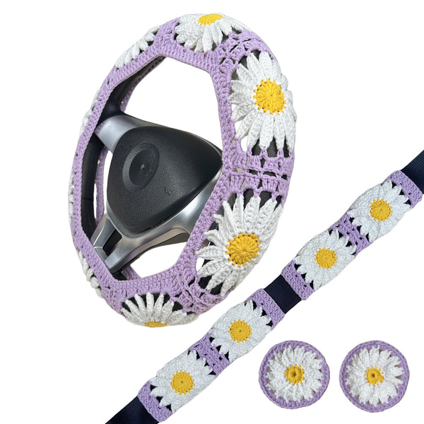 Handmade Crochet  Purple Daisy Steering Wheel Covers Universal 14-15 inch for Women and Men,New Car Gift,Handmade Gift,Gift for her