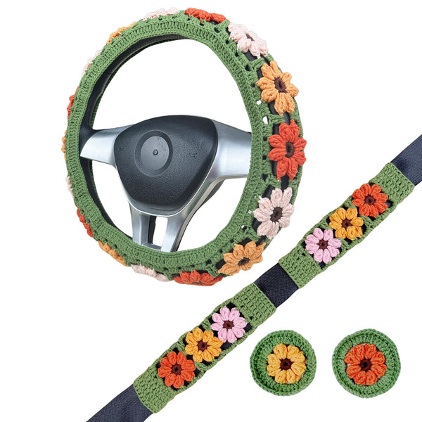 Handmade Crochet Muticolor flower Steering Wheel Cover for Women Girl, Cute Flower Seat Belt Cover, Car Interior Accessories Decorations,new car gift
