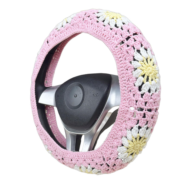 Handmade Crochet pink sunflowe Steering Wheel Cover for Women Girl, Cute Colorful Flower Seat Belt Cover, Car Interior Accessories Decorations.