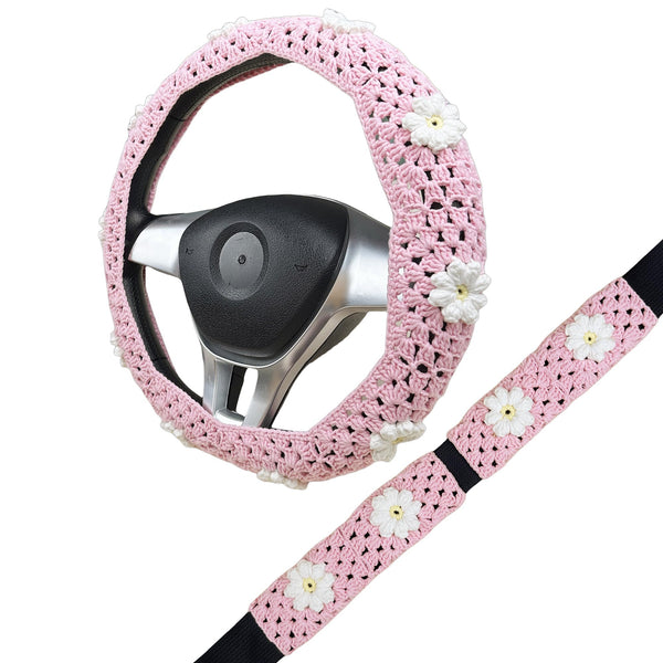 Handmade Crochet Pink daisy Steering Wheel Cover for Women Girl, Cute Flower Seat Belt Cover, Car Interior Accessories Decorations,new car gift