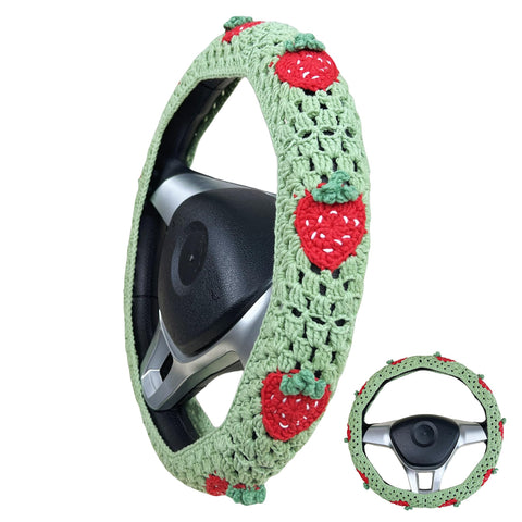 Handmade Crochet Green strawberry Steering Wheel Covers Universal 14-15 inch for Women and Men