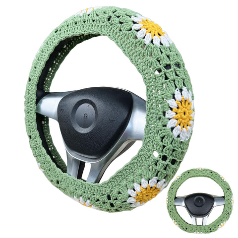 Handmade Crochet  Green daisy flower Steering Wheel Covers Universal 14-15 inch for Women and Men,New Car Gift,Handmade Gift,Gift for her