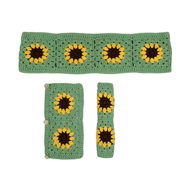 Handmade Crochet Green yellow sunflower  Steering Wheel Cover for Women Girl, Cute Colorful Flower Seat Belt Cover, Car Interior Accessories Decorations.