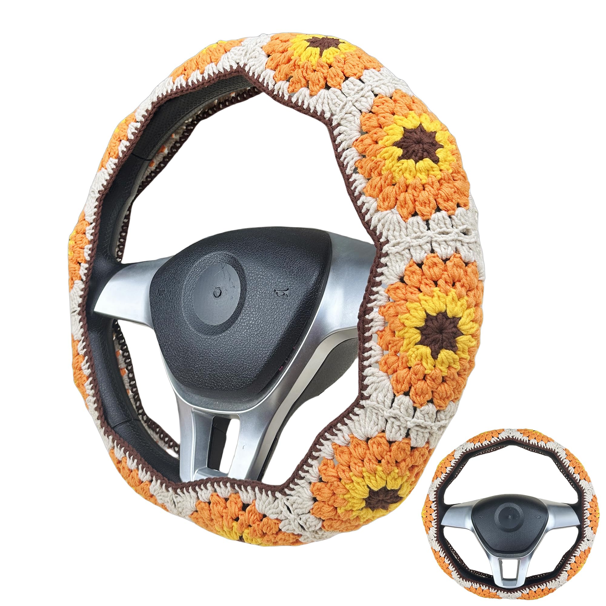 Handmade Crochet vintage orange sunflower Steering Wheel Cover for Women Girl, Cute Colorful Flower Seat Belt Cover, Car Interior Accessories Decorations.