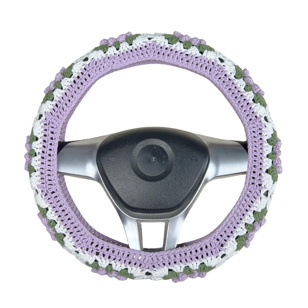 Handmade Crochet  Green and Purple flower Steering Wheel Covers Universal 14-15 inch for Women and Men,New Car Gift,Handmade Gift,Gift for her