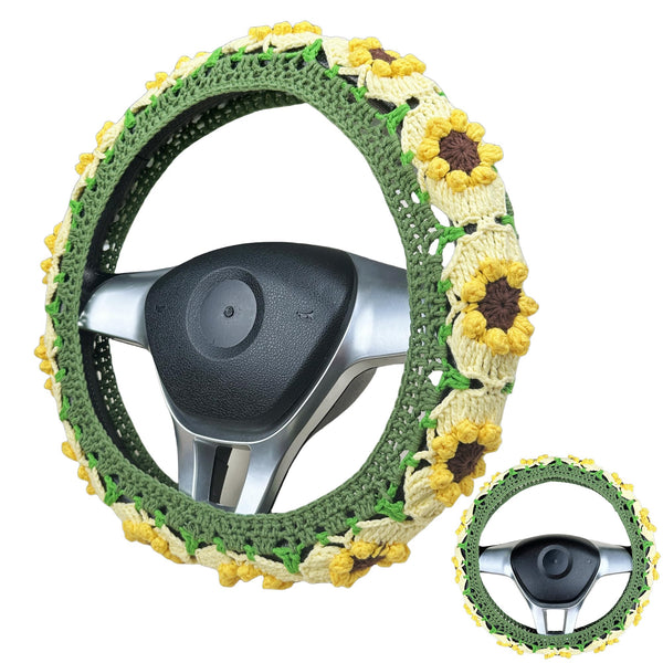 Handmade Crochet green and yellow daisy Steering Wheel Cover for Women Girl, Cute Flower Seat Belt Cover, Car Interior Accessories Decorations,new car gift