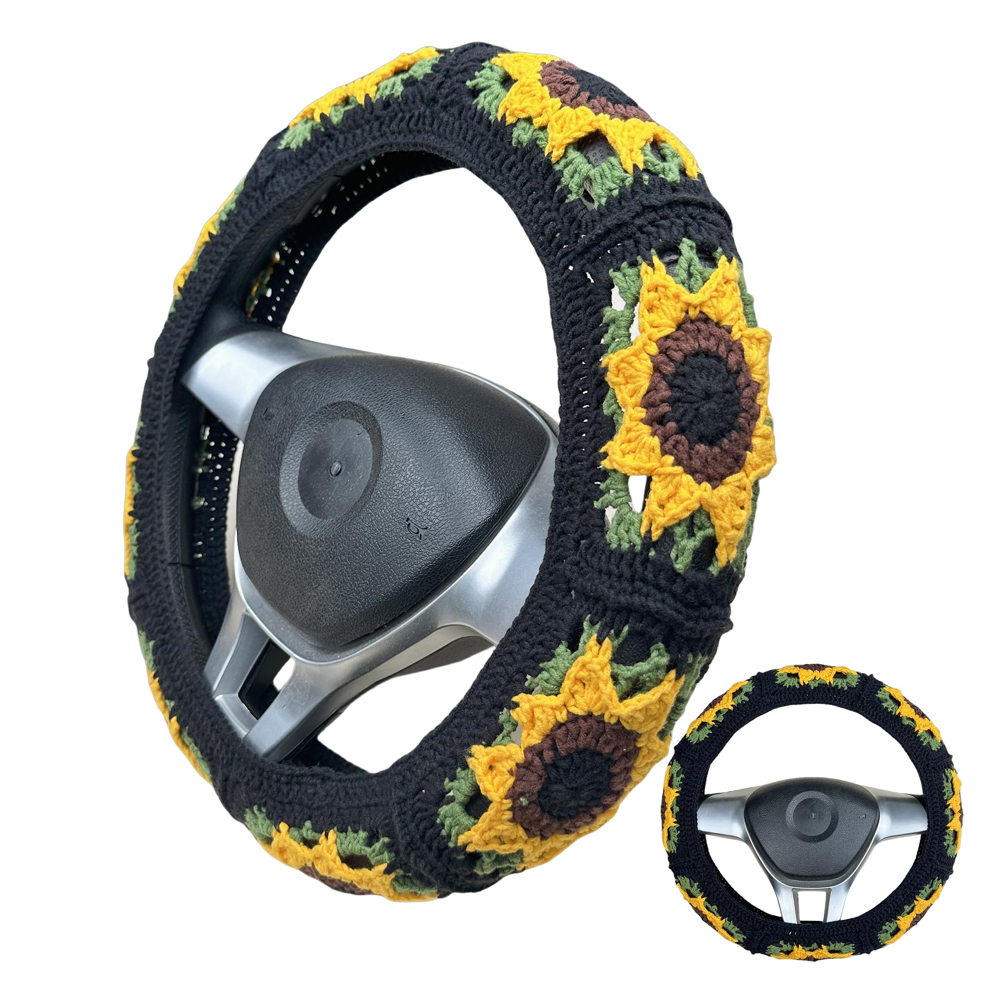 Handmade Crochet  Vintage green Sunflower Steering Wheel Covers Universal 14-15 inch for Women and Men,New Car Gift,Handmade Gift