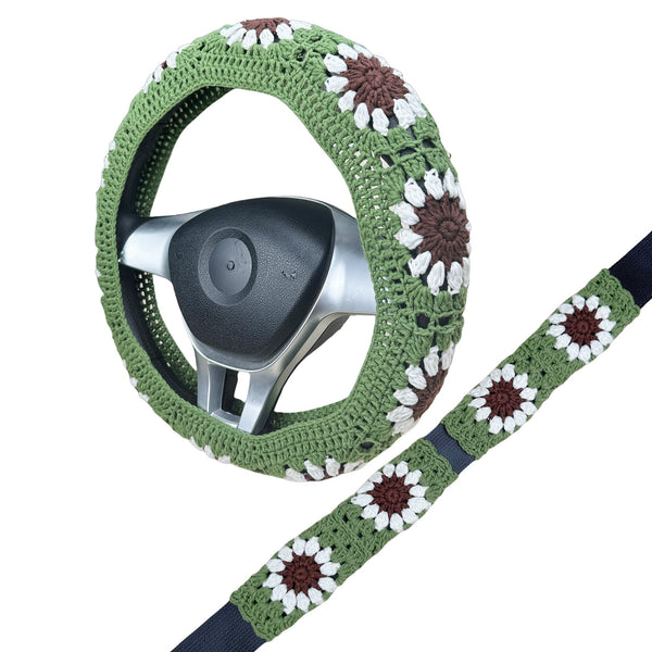 Handmade Crochet  Green White  sunflower Steering Wheel Cover for Women Girl, Cute Colorful Flower Seat Belt Cover, Car Interior Accessories Decorations.