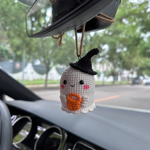 Crochet Halloween Cute Ghost with bag  Car Accessories Hanging Ornament   and Pendant for Car Rear View Mirror Interior Decoration
