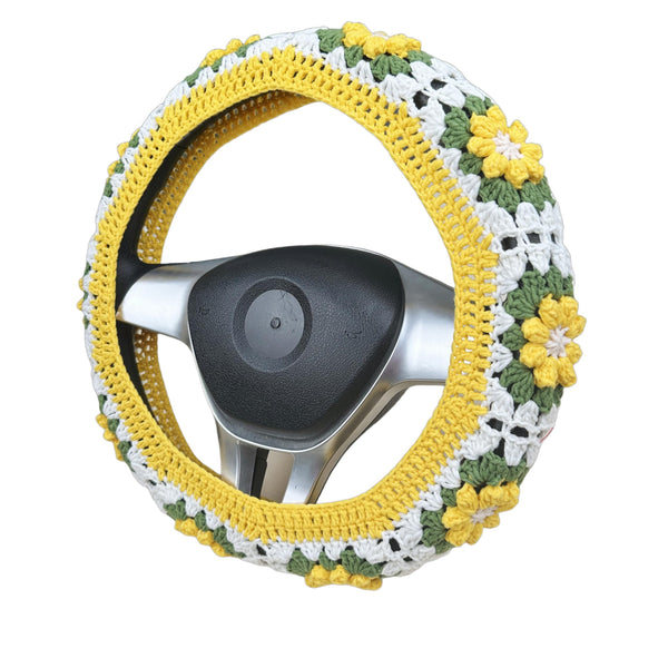 Handmade Crochet Yellow daisy Steering Wheel Cover for Women Girl, Cute Flower Seat Belt Cover, Car Interior Accessories Decorations,new car gift