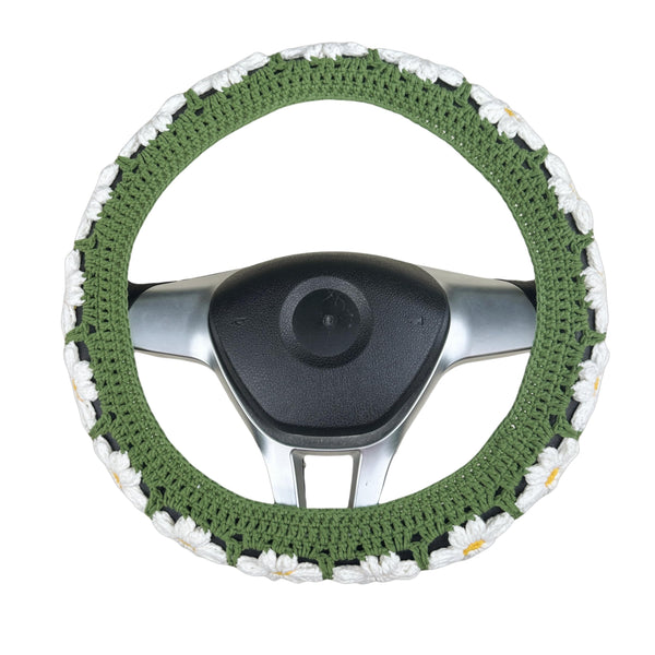 Handmade Crochet white daisy Steering Wheel Cover for Women Girl, Cute Colorful Flower Seat Belt Cover, Car Interior Accessories Decorations.