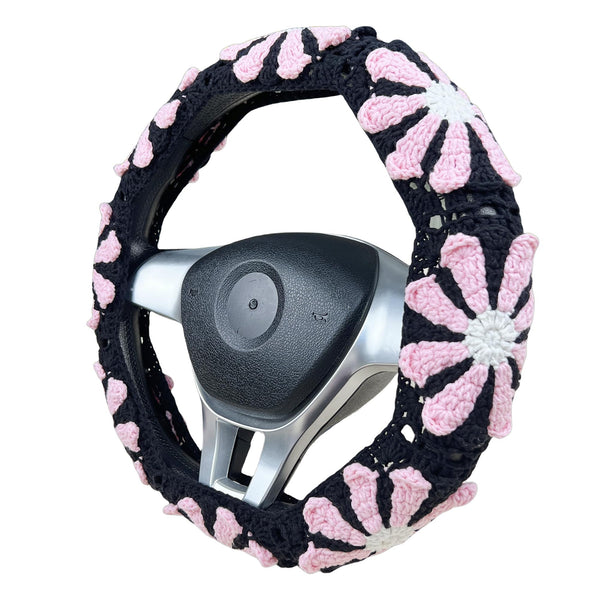 Handmade Crochet black pink daisy  Steering Wheel Cover for Women Girl, Cute Colorful Flower Seat Belt Cover, Car Interior Accessories Decorations.