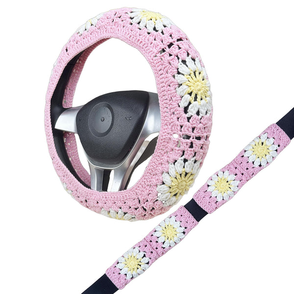 Handmade Crochet pink sunflowe Steering Wheel Cover for Women Girl, Cute Colorful Flower Seat Belt Cover, Car Interior Accessories Decorations.