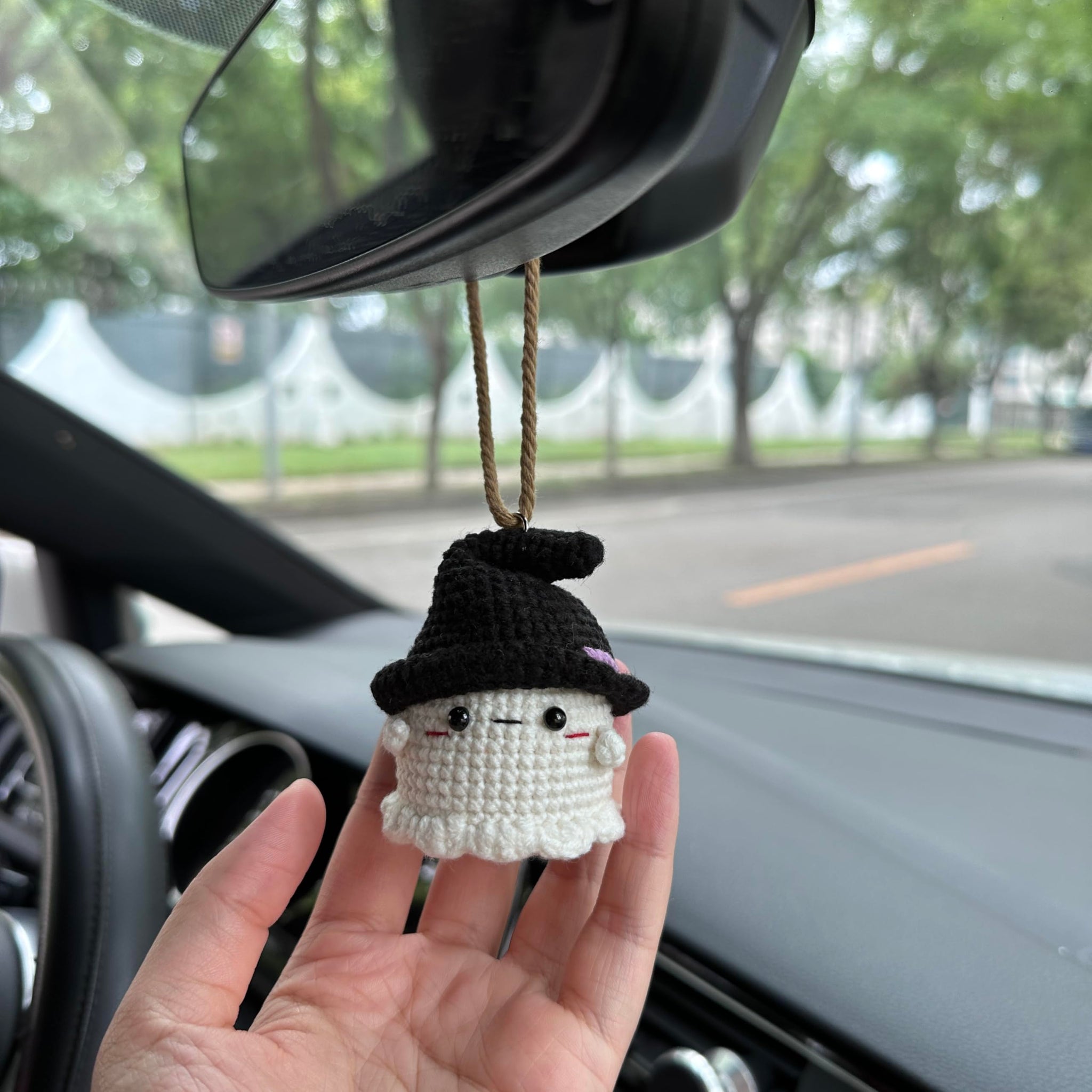 Crochet Halloween Ghost with hat Car Accessories Hanging Ornament   and Pendant for Car Rear View Mirror Interior Decoration
