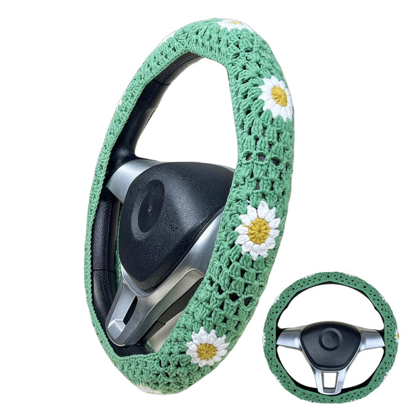 Handmade Crochet light Green Daisy Steering Wheel Covers Universal 14-15 inch for Women and Men