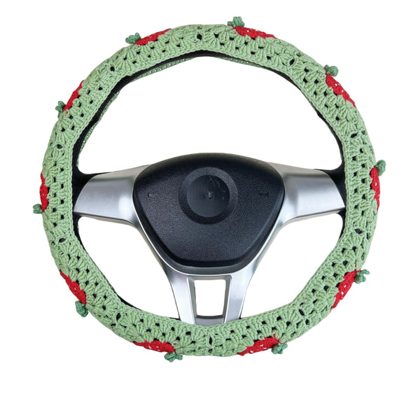 Handmade Crochet Green strawberry Steering Wheel Covers Universal 14-15 inch for Women and Men