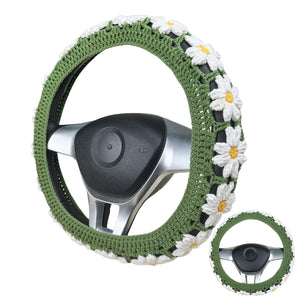 Handmade Crochet white daisy Steering Wheel Cover for Women Girl, Cute Colorful Flower Seat Belt Cover, Car Interior Accessories Decorations.