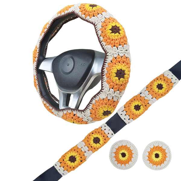 Handmade Crochet vintage orange sunflower Steering Wheel Cover for Women Girl, Cute Colorful Flower Seat Belt Cover, Car Interior Accessories Decorations.