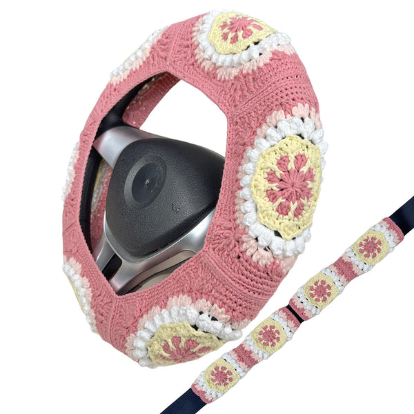 Handmade Crochet Pink Yellow flower Steering Wheel Covers Universal 14-15 inch for Women and Men,New Car Gift,Handmade Gift