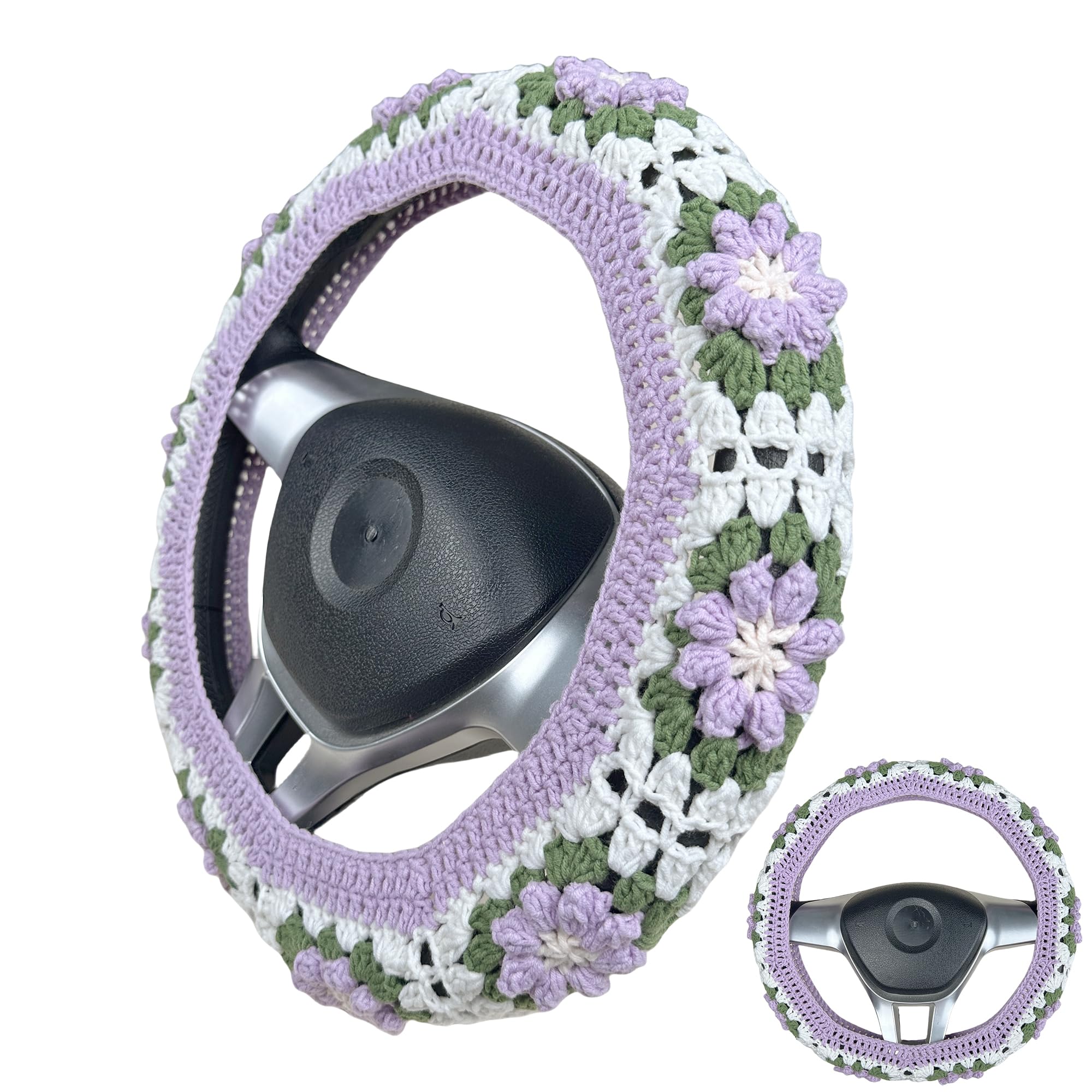 Handmade Crochet  Green and Purple flower Steering Wheel Covers Universal 14-15 inch for Women and Men,New Car Gift,Handmade Gift,Gift for her
