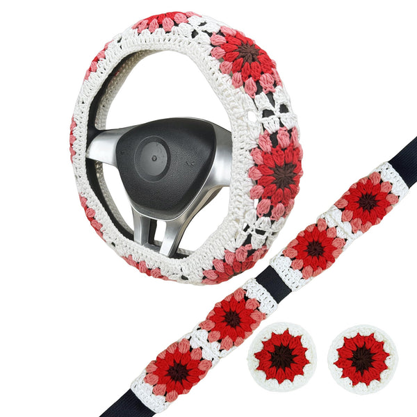 Handmade Crochet vintage red sunflower Steering Wheel Cover for Women Girl, Cute Colorful Flower Seat Belt Cover, Car Interior Accessories Decorations.