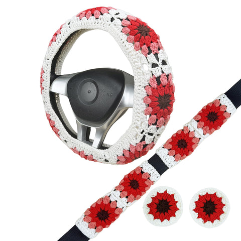 Handmade Crochet Red flower Steering Wheel Cover for Women Girl, Cute Colorful Flower Seat Belt Cover, Car Interior Accessories Decorations.