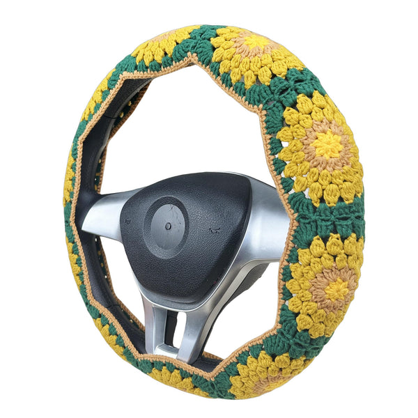 Handmade Crochet Green and yellow sunflower Steering Wheel Cover for Women Girl, Cute Colorful Flower Seat Belt Cover, Car Interior Accessories Decorations.