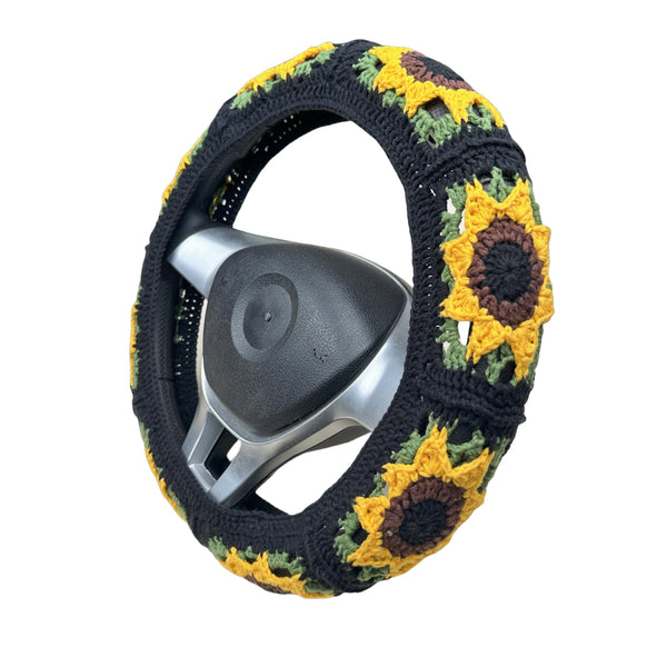 Handmade Crochet  Vintage green Sunflower Steering Wheel Covers Universal 14-15 inch for Women and Men,New Car Gift,Handmade Gift
