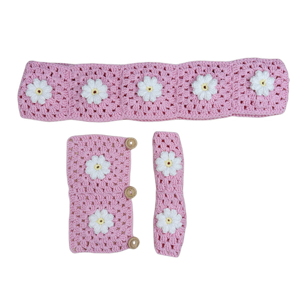 Handmade Crochet Pink daisy Steering Wheel Cover for Women Girl, Cute Flower Seat Belt Cover, Car Interior Accessories Decorations,new car gift