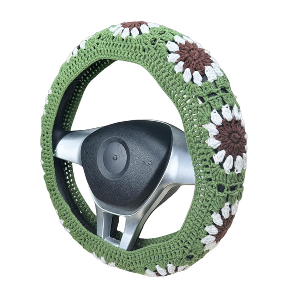 Handmade Crochet  Green White  sunflower Steering Wheel Cover for Women Girl, Cute Colorful Flower Seat Belt Cover, Car Interior Accessories Decorations.