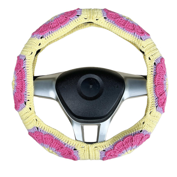 Handmade Crochet  Pink and Yellow cute flower Steering Wheel Covers Universal 14-15 inch for Women and Men,New Car Gift,Handmade Gift