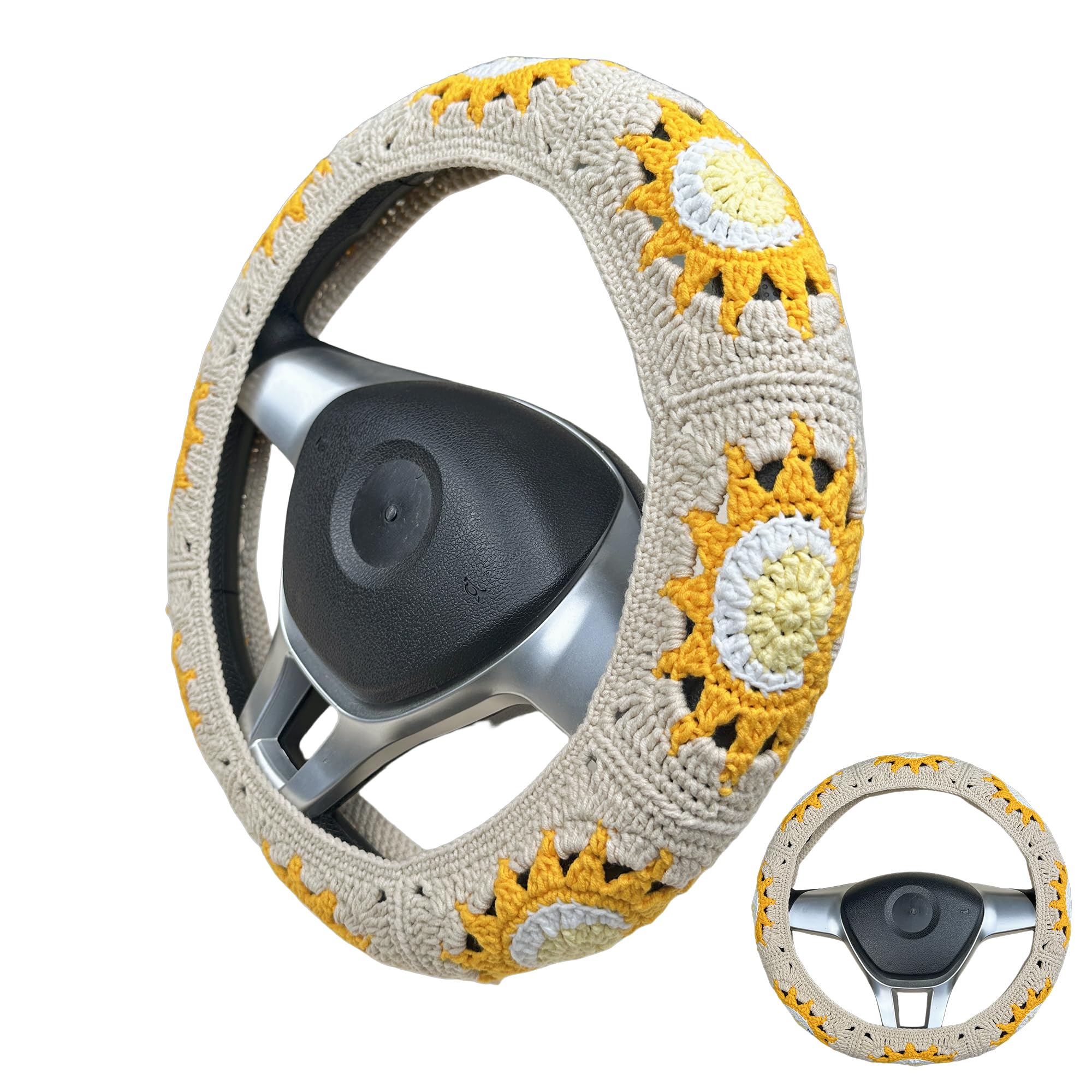 Handmade Crochet  Vintage Sun And Moon Steering Wheel Covers Universal 14-15 inch for Women and Men,New Car Gift,Handmade Gift,Gift for her