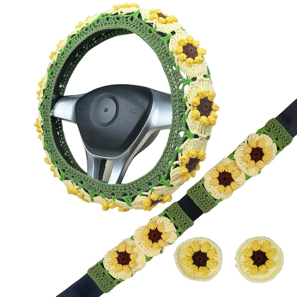 Handmade Crochet green and yellow daisy Steering Wheel Cover for Women Girl, Cute Flower Seat Belt Cover, Car Interior Accessories Decorations,new car gift