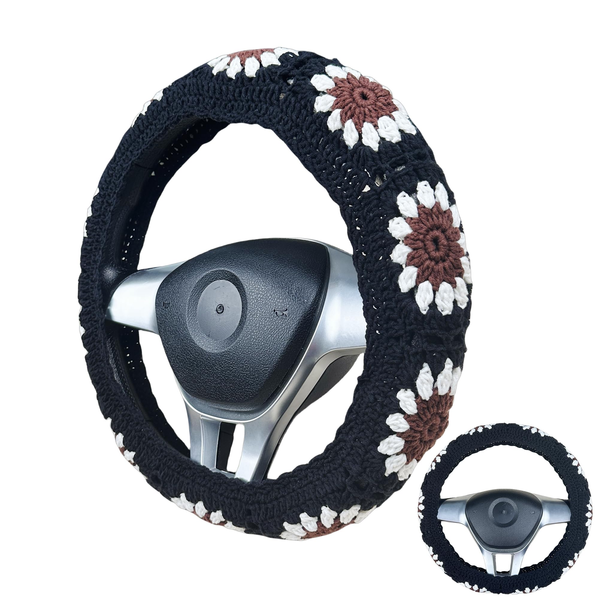 Handmade Crochet Brown sunflower Steering Wheel Cover for Women Girl, Cute Flower Seat Belt Cover, Car Interior Accessories Decorations,new car gift