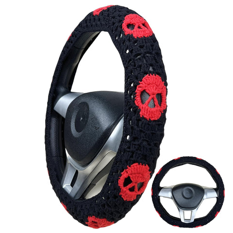 Handmade Crochet Gothic red skull Steering Wheel Covers Universal 14-15 inch for Women and Men