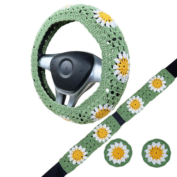Handmade Crochet  Green daisy flower Steering Wheel Covers Universal 14-15 inch for Women and Men,New Car Gift,Handmade Gift,Gift for her