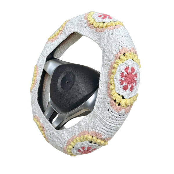 Handmade Crochet White Yellow flower Steering Wheel Covers Universal 14-15 inch for Women and Men,New Car Gift,Handmade Gift
