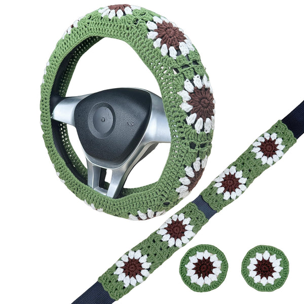Handmade Crochet  Green White  sunflower Steering Wheel Cover for Women Girl, Cute Colorful Flower Seat Belt Cover, Car Interior Accessories Decorations.