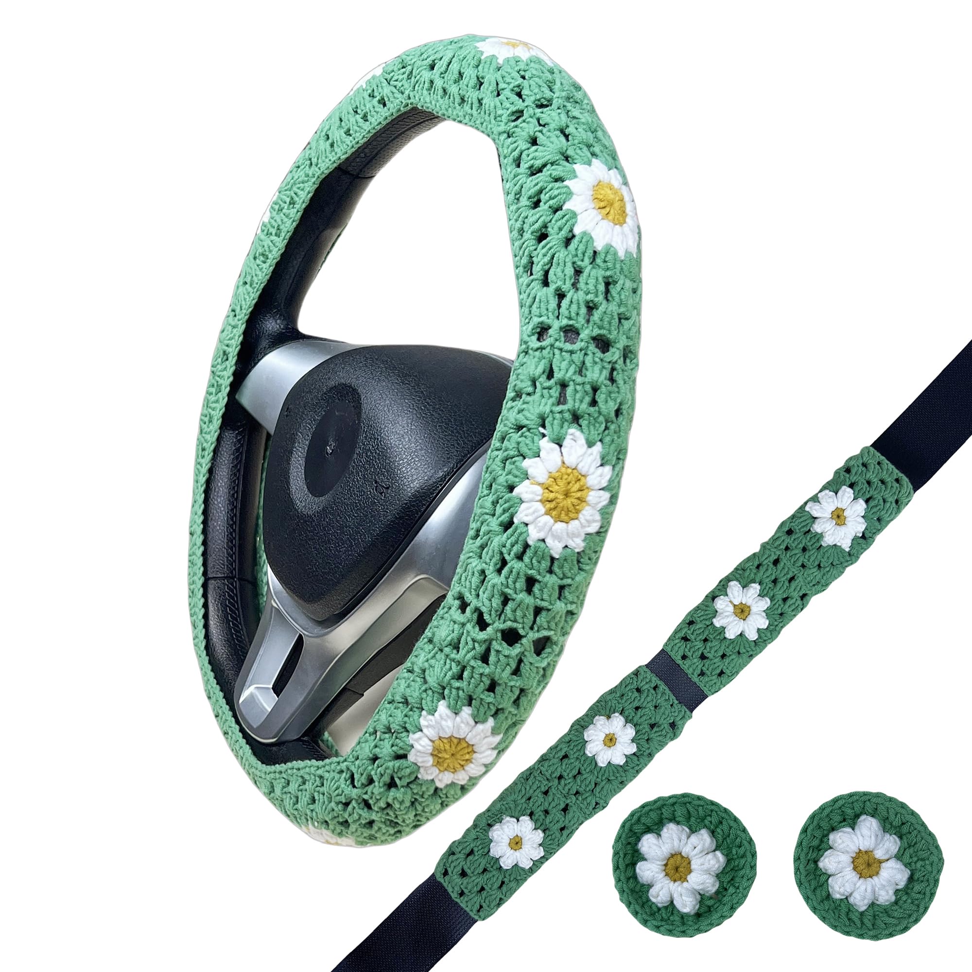 Handmade Crochet light Green Daisy Steering Wheel Covers Universal 14-15 inch for Women and Men
