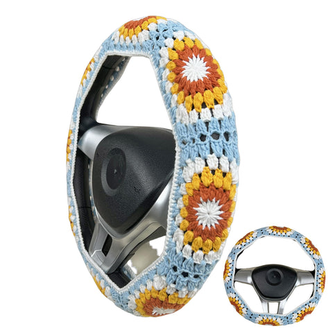 Handmade Crochet light blue sunflower Steering Wheel Covers Universal 14-15 inch for Women and Men